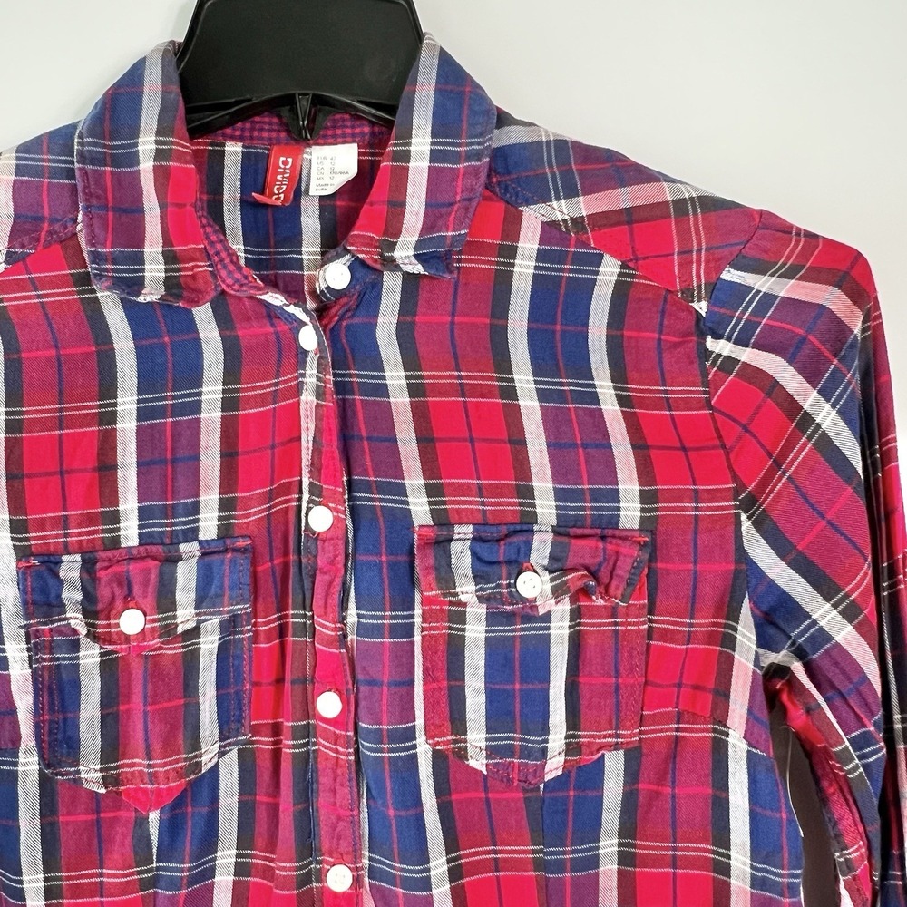 H&M Divided Womens Size 12 Red Blue‎ Plaid Button Up Cotton Shirt